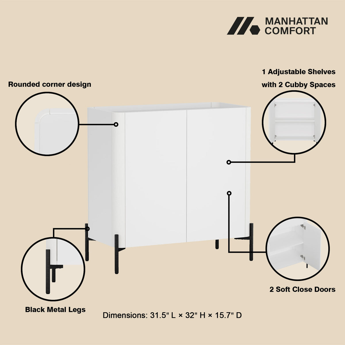 2-Piece Abbey Accent Cabinet and Sideboard in White by Manhattan Comfort at Eve Furniture