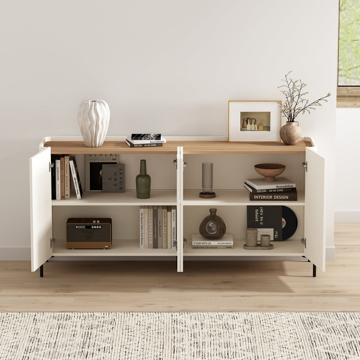 2-Piece Abbey Bookcase and Sideboard in Maple and Off White by Manhattan Comfort at Eve Furniture