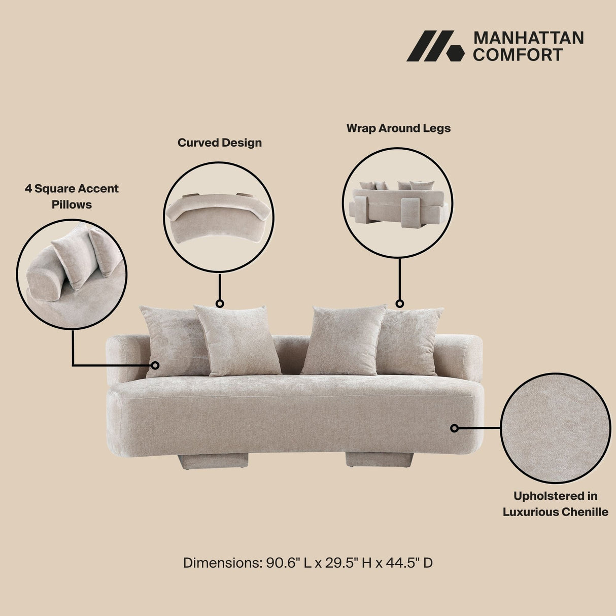 3-Piece Verandah 90.6" Sofa, 112" XL Sofa and Accent Chair in Beige by Manhattan Comfort at Eve Furniture