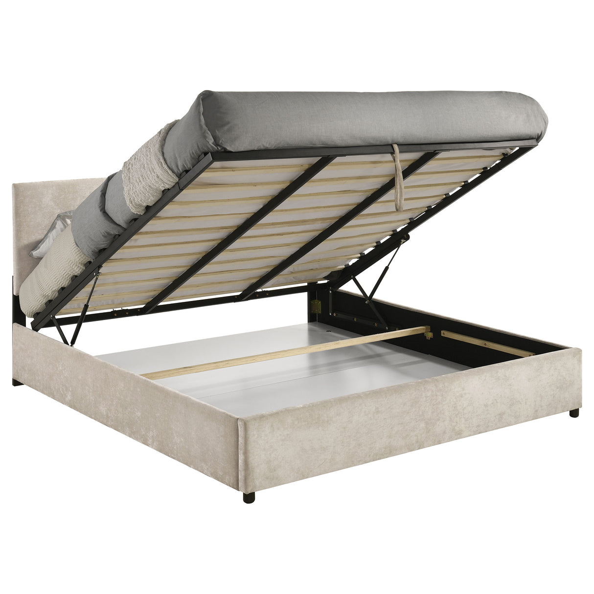 Reeves Beige Upholstered Eastern King Lift-Top Storage Platform Bed