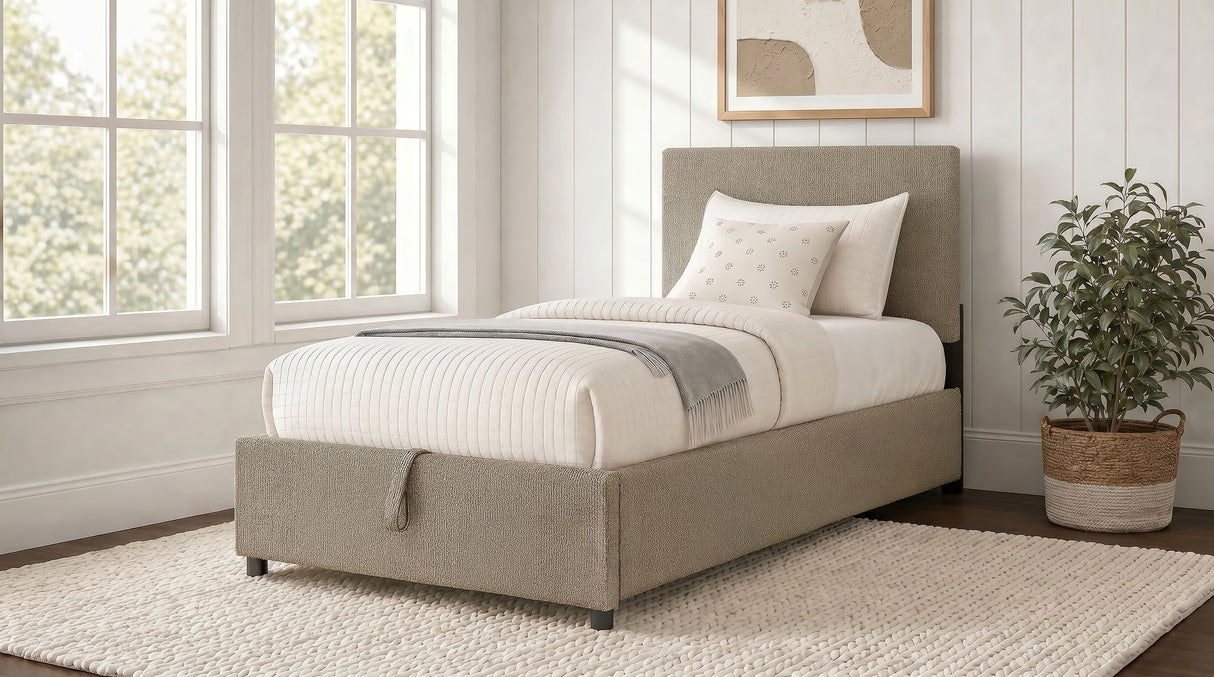 Reeves Tan Upholstered Twin Lift-Top Storage Platform Bed