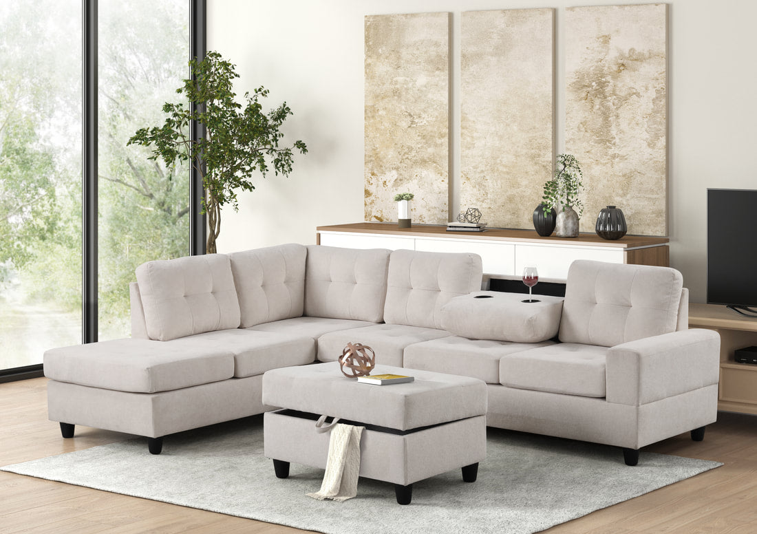 Heights Beige Fabric Reversible Sectional & Storage Ottoman by Happy Homes at Eve Furniture