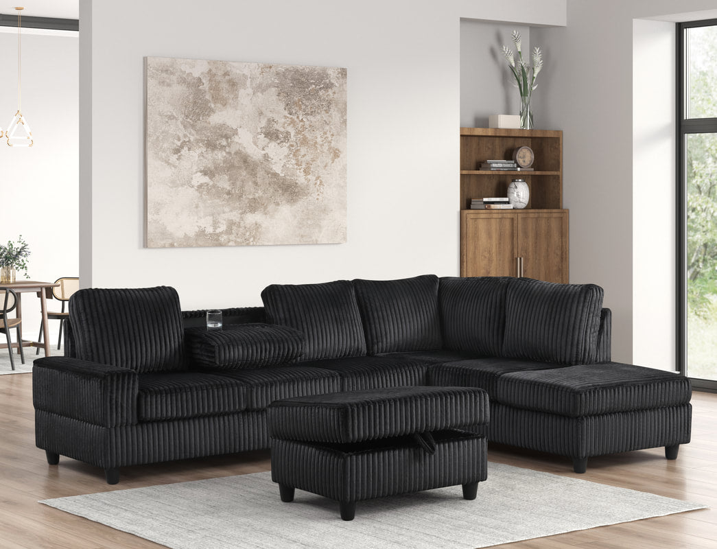 Heights Black Reversible Sectional & Storage Ottoman by Happy Homes at Eve Furniture