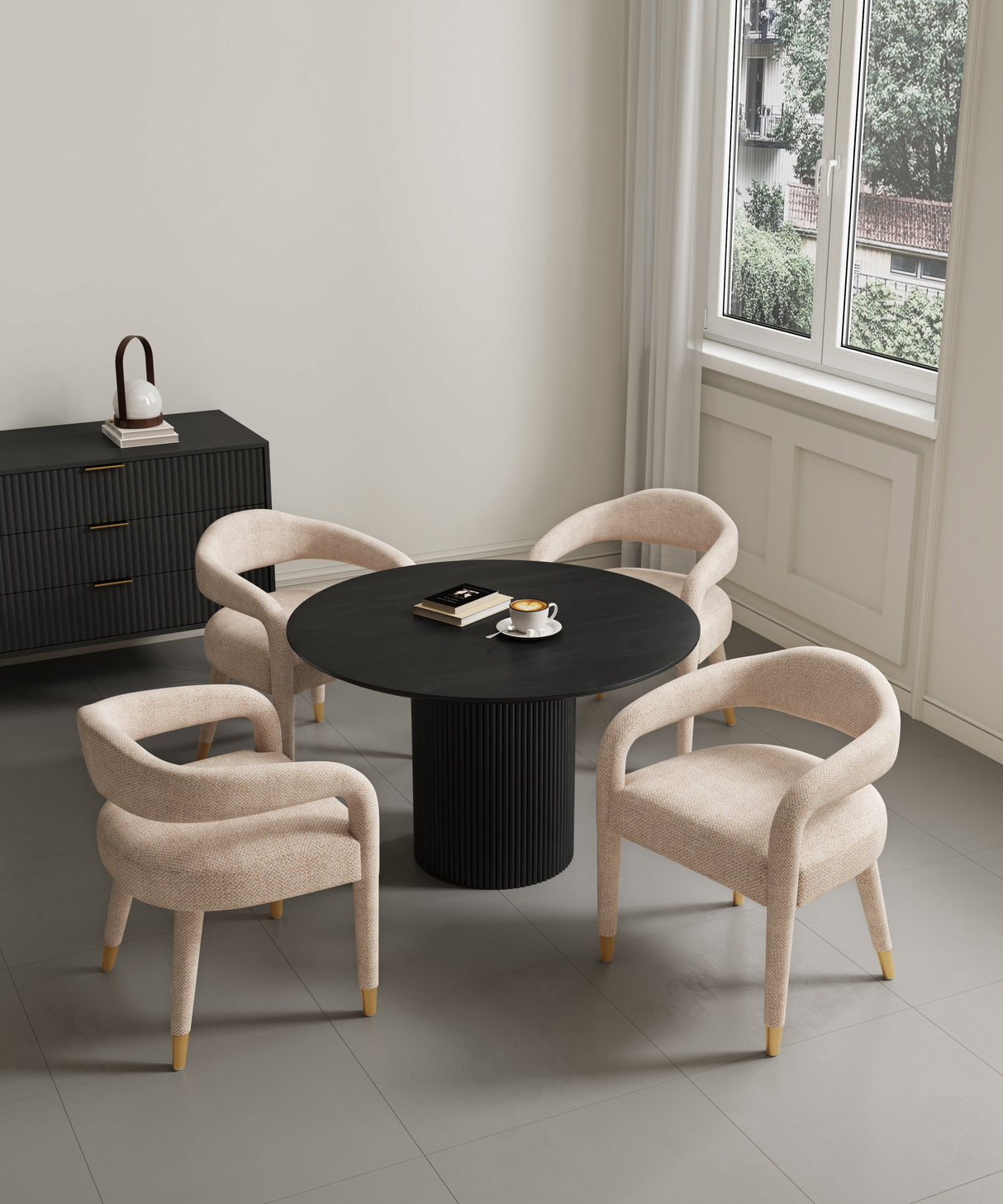5-Piece Hathaway 47.24 Round Dining Set in Black with 4 Aspen Dining Chairs in Gold Dust by Manhattan Comfort at Eve Furniture