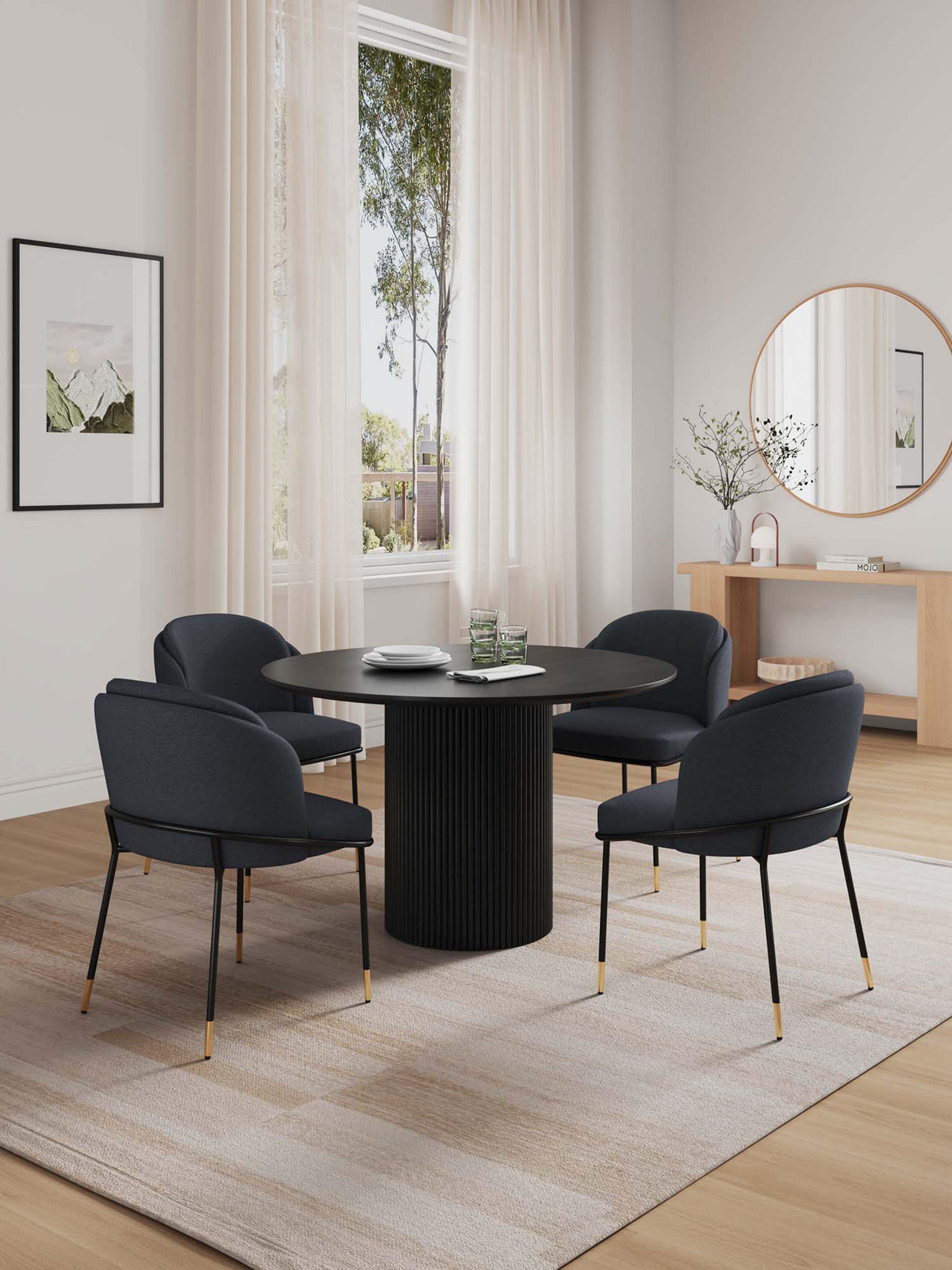 5-Piece Hathaway 47.24 Round Dining Set in Black with 4 Flor Dining Chairs in Black by Manhattan Comfort at Eve Furniture