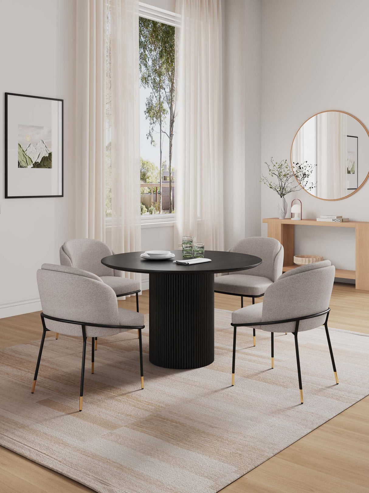 5-Piece Hathaway 47.24 Round Dining Set in Black with 4 Flor Dining Chairs in Wheat by Manhattan Comfort at Eve Furniture