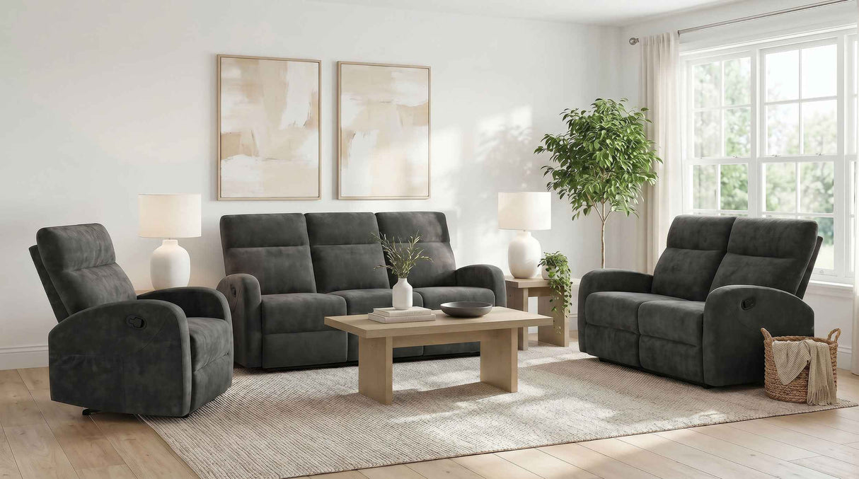Hamilton 3-piece Chenille Manual Reclining Sofa Set Charcoal Grey