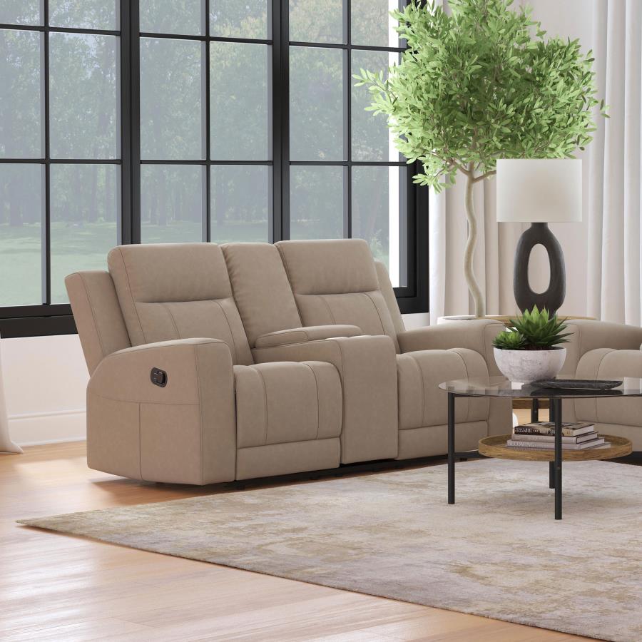 Brentwood Taupe Upholstered Motion Reclining Loveseat with Console by Coaster at Eve Furniture