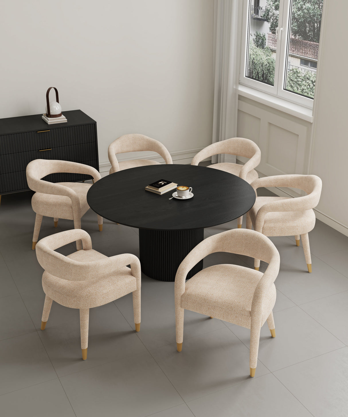 7-Piece Hathaway 59.05 Round Dining Set in Black with 6 Aspen Dining Chairs in Gold Dust by Manhattan Comfort at Eve Furniture