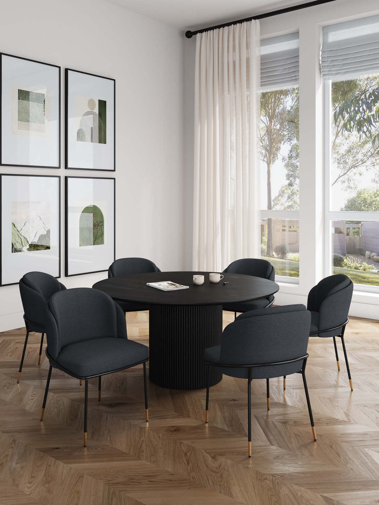 7-Piece Hathaway 59.05 Round Dining Set in Black with 6 Flor Dining Chairs in Black by Manhattan Comfort at Eve Furniture