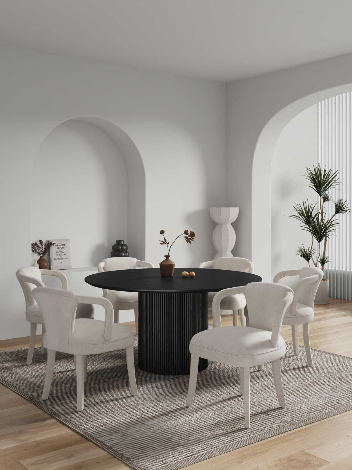 7-Piece Hathaway 59.05 Round Dining Set in Black with 6 Flor Dining Chairs in Ivory by Manhattan Comfort at Eve Furniture