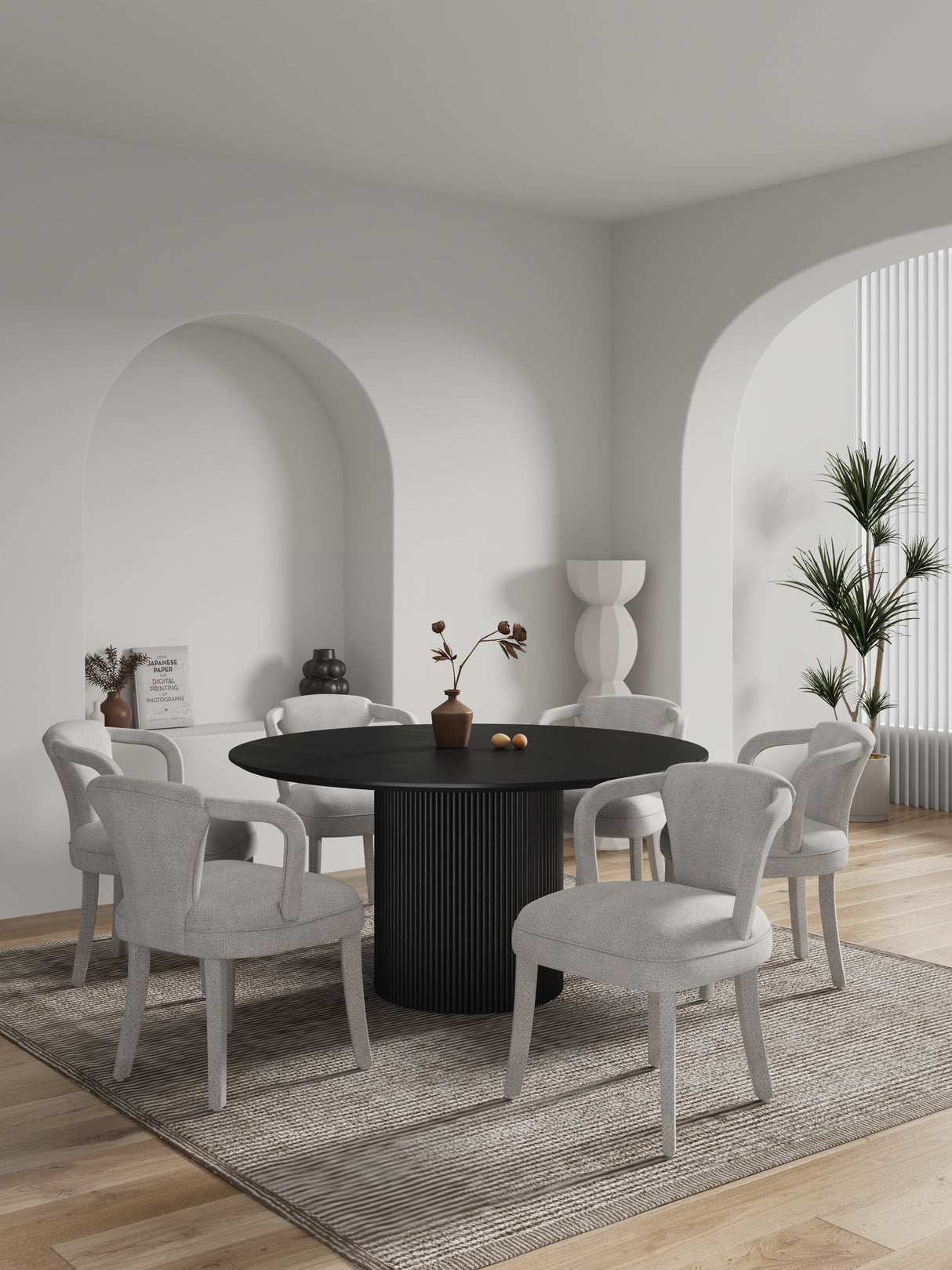 7-Piece Hathaway 59.05 Round Dining Set in Black with 6 Flor Dining Chairs in Silver Lining by Manhattan Comfort at Eve Furniture