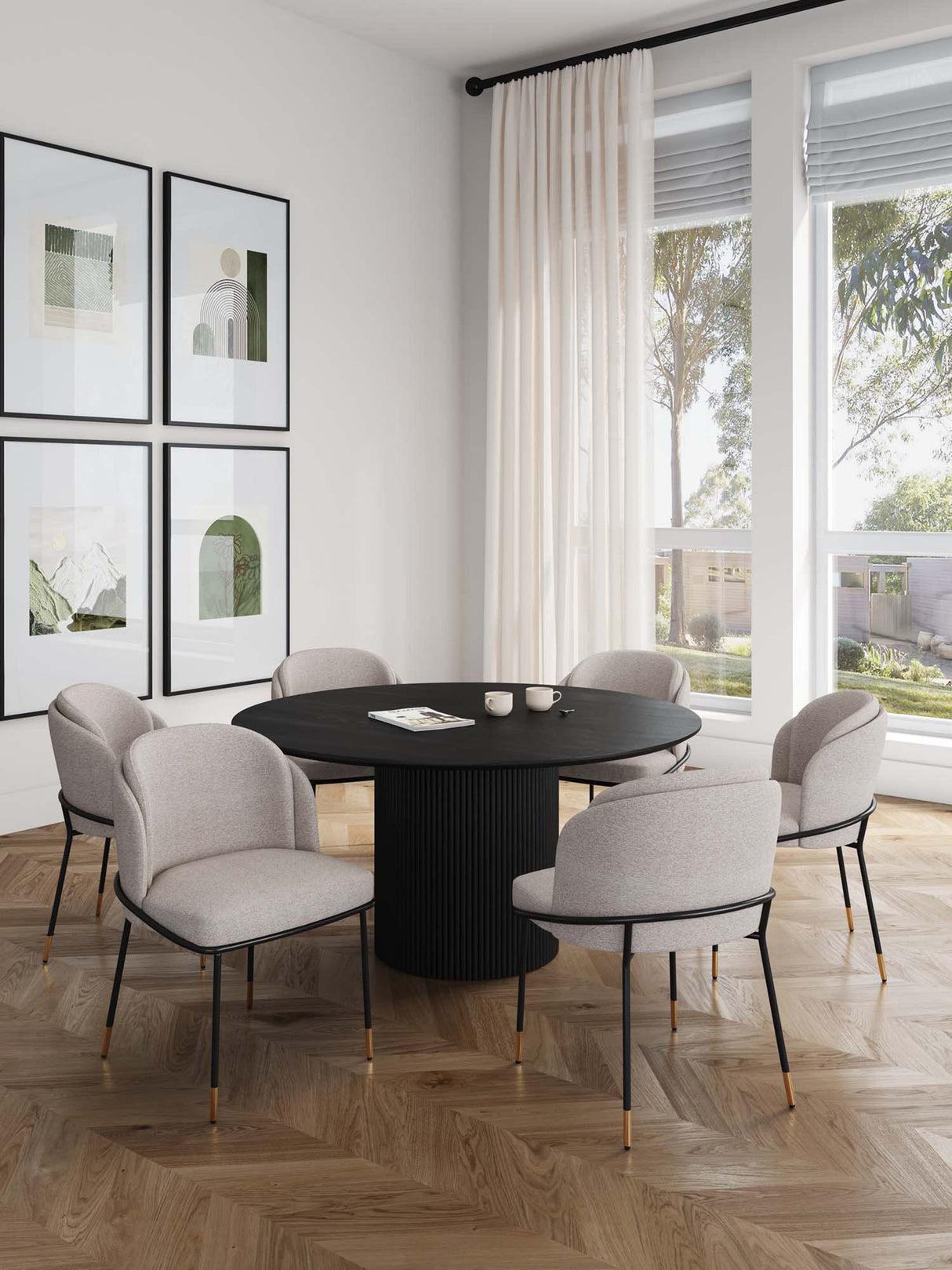 7-Piece Hathaway 59.05 Round Dining Set in Black with 6 Flor Dining Chairs in Wheat by Manhattan Comfort at Eve Furniture