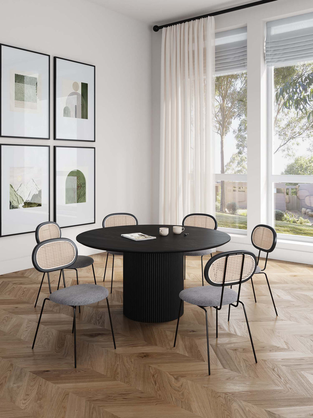 7-Piece Hathaway 59.05 Round Dining Set in Black with 6 Jardin Dining Chairs by Manhattan Comfort at Eve Furniture