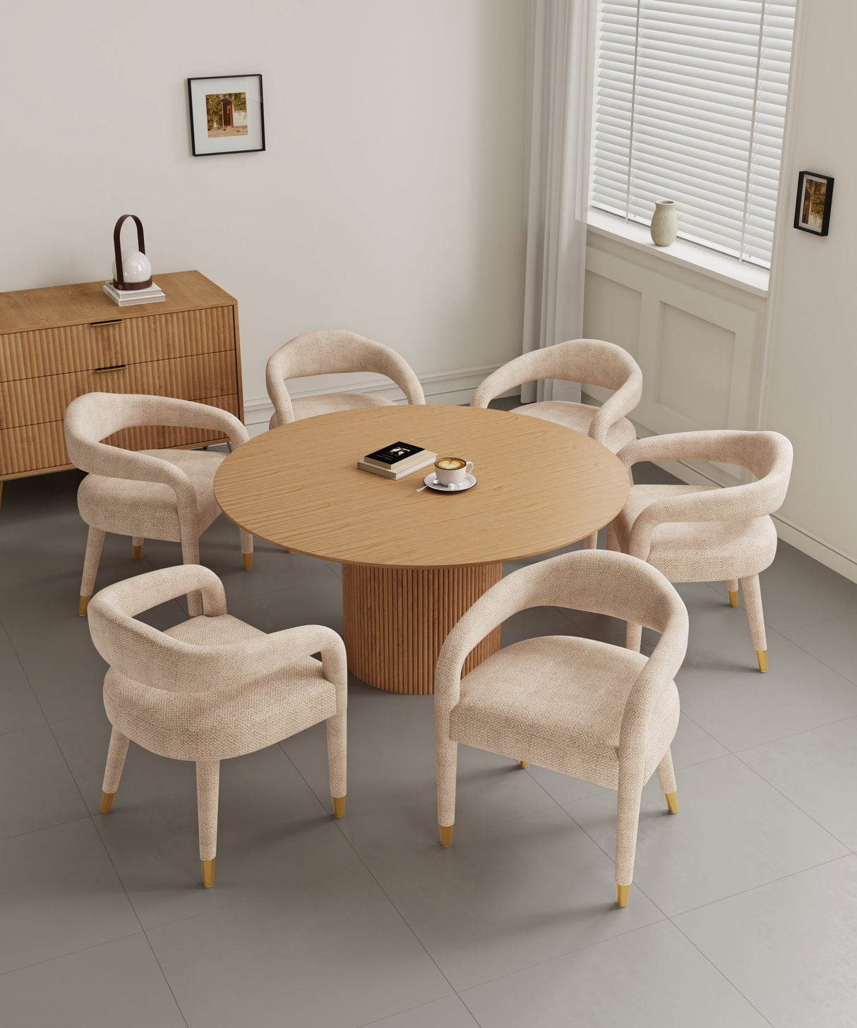 7-Piece Hathaway 59.05 Round Dining Set in Natural with 6 Aspen Dining Chairs in Gold Dust by Manhattan Comfort at Eve Furniture