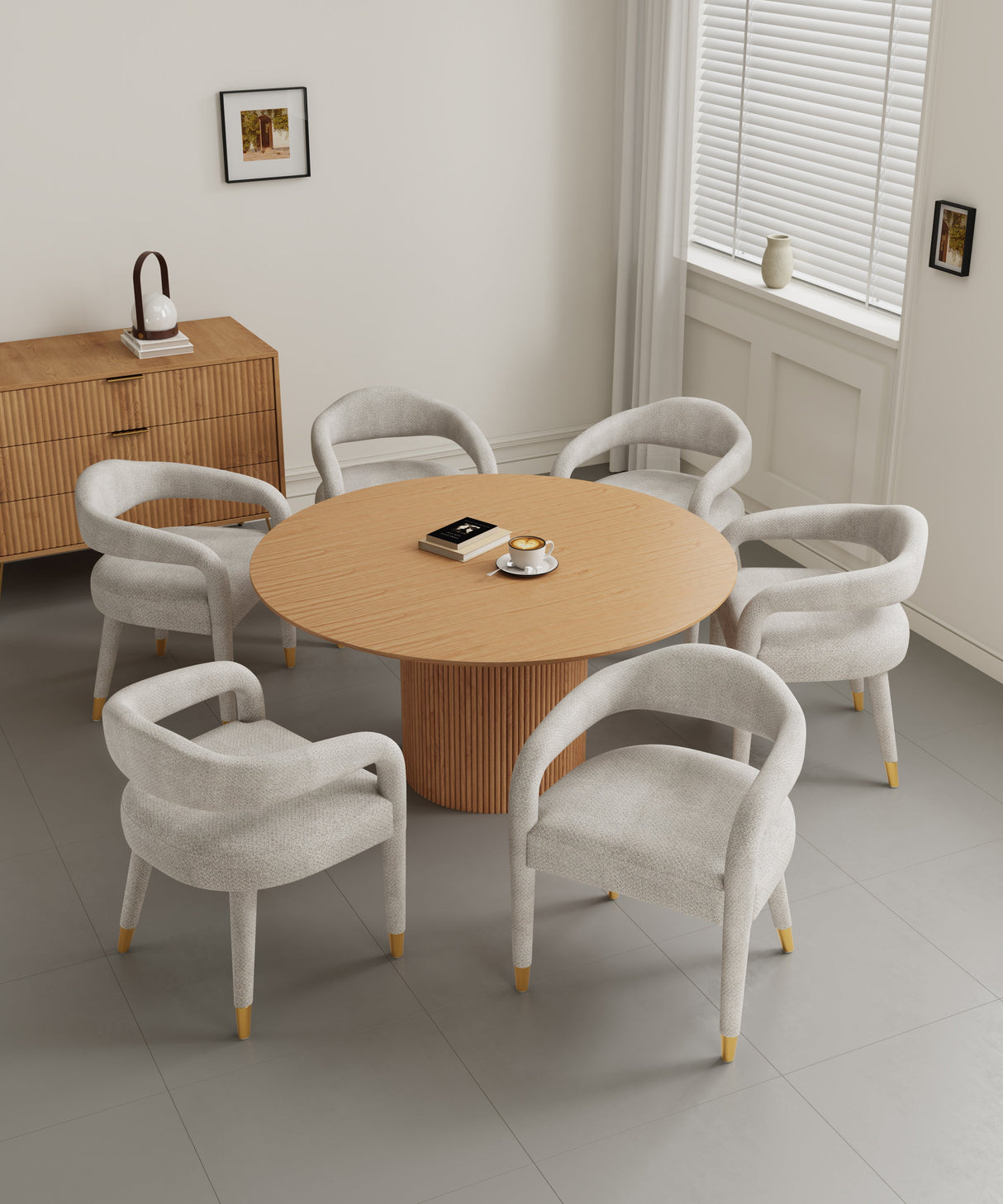 7-Piece Hathaway 59.05 Round Dining Set in Natural with 6 Aspen Dining Chairs in Silver Lining by Manhattan Comfort at Eve Furniture
