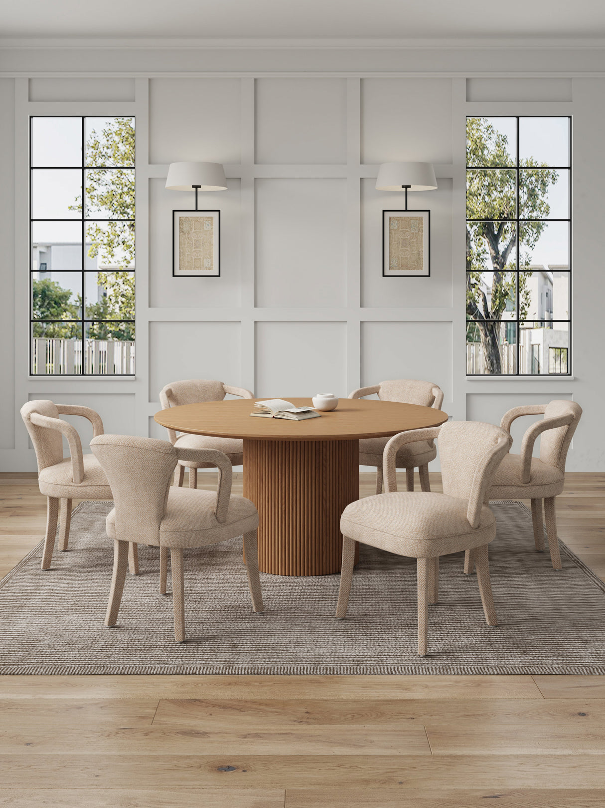 7-Piece Hathaway 59.05 Round Dining Set in Natural with 6 Flor Dining Chairs in Grey by Manhattan Comfort at Eve Furniture