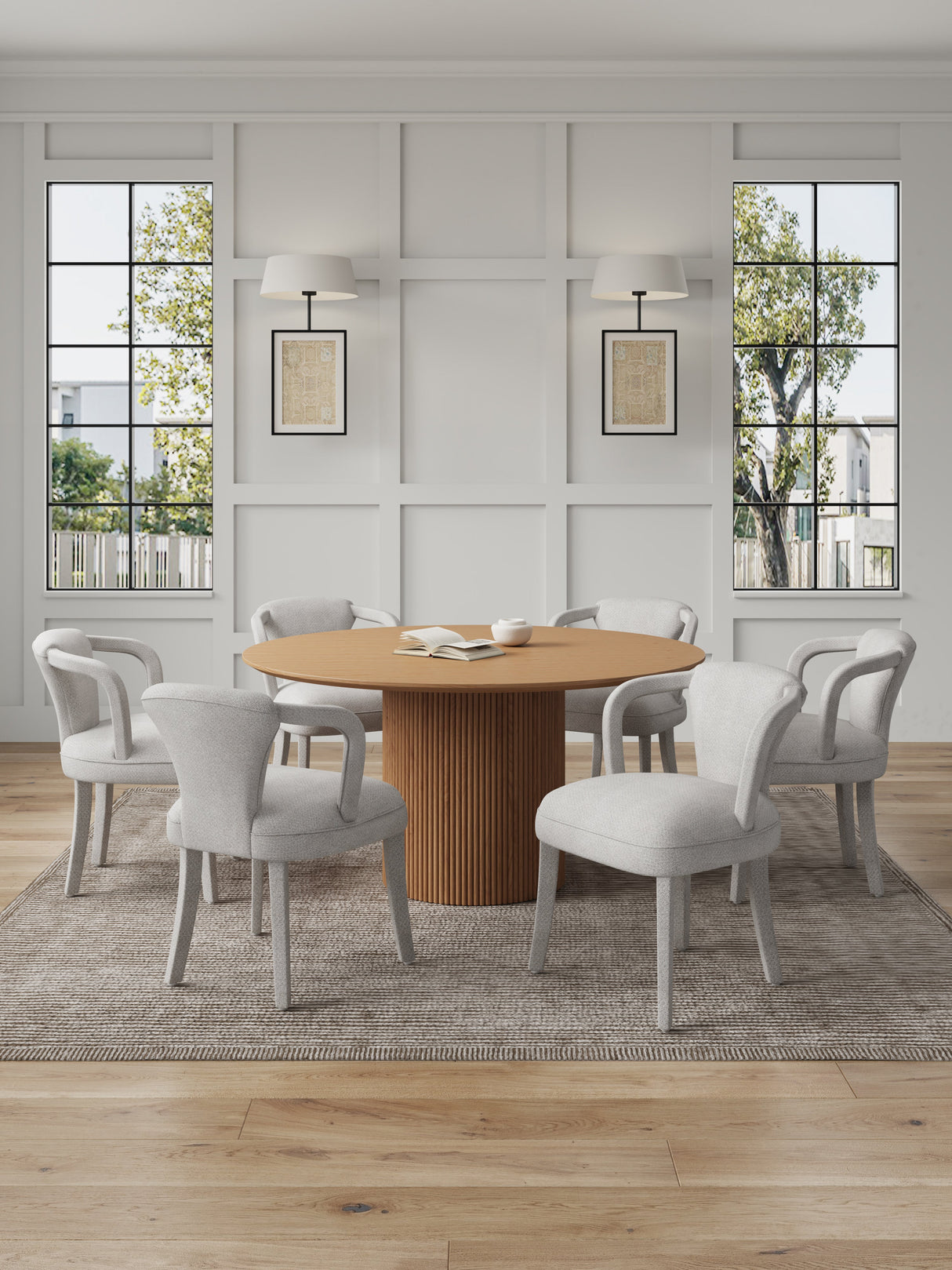 7-Piece Hathaway 59.05 Round Dining Set in Natural with 6 Flor Dining Chairs in Silver Lining by Manhattan Comfort at Eve Furniture