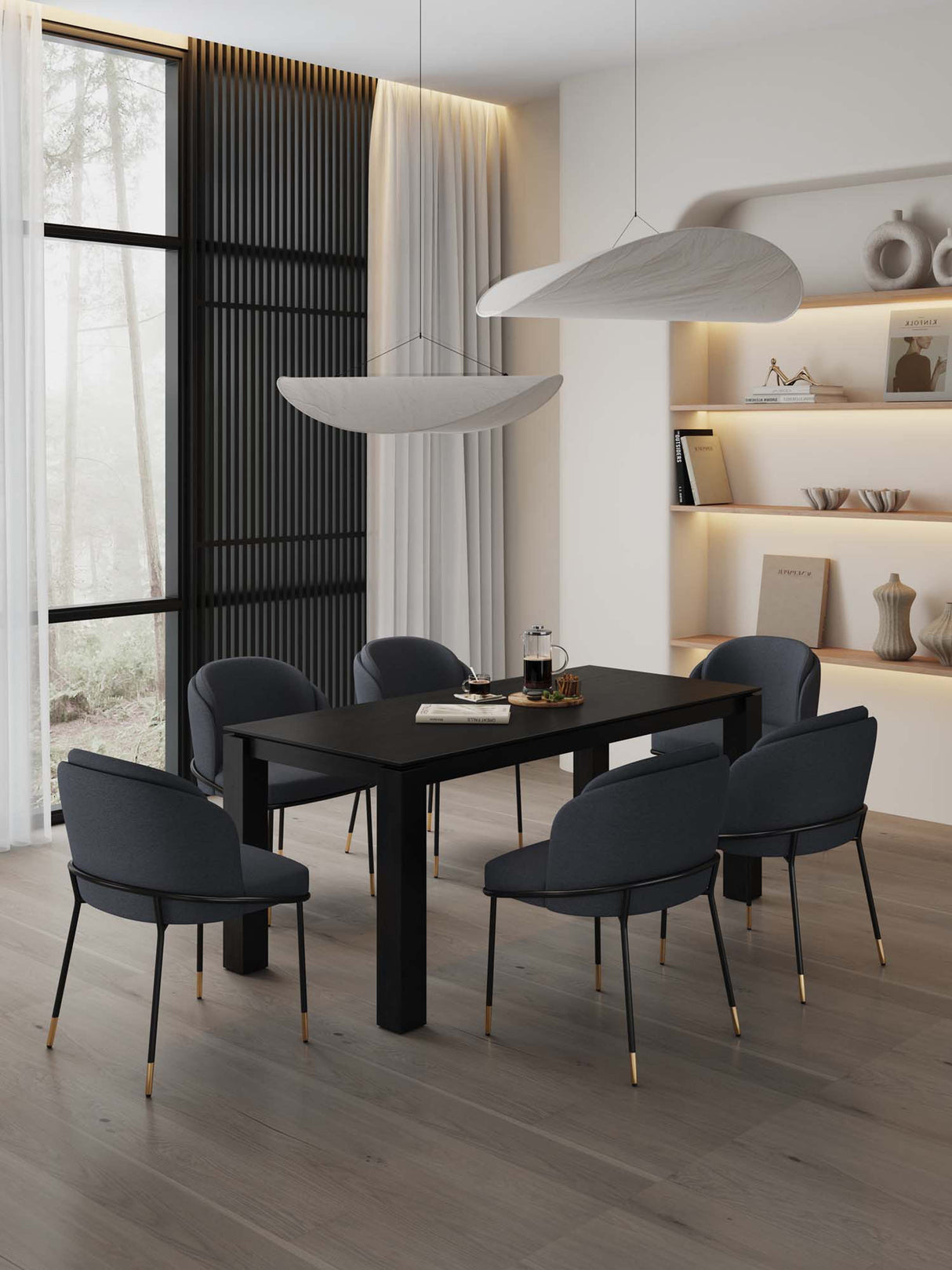 7-Piece Rockaway 70.86 Dining Set in Black with 6 Flor Dining Chairs in Black by Manhattan Comfort at Eve Furniture