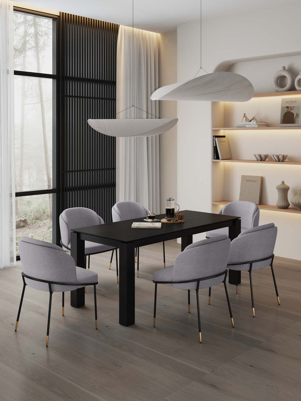 7-Piece Rockaway 70.86 Dining Set in Black with 6 Flor Dining Chairs in Grey by Manhattan Comfort at Eve Furniture