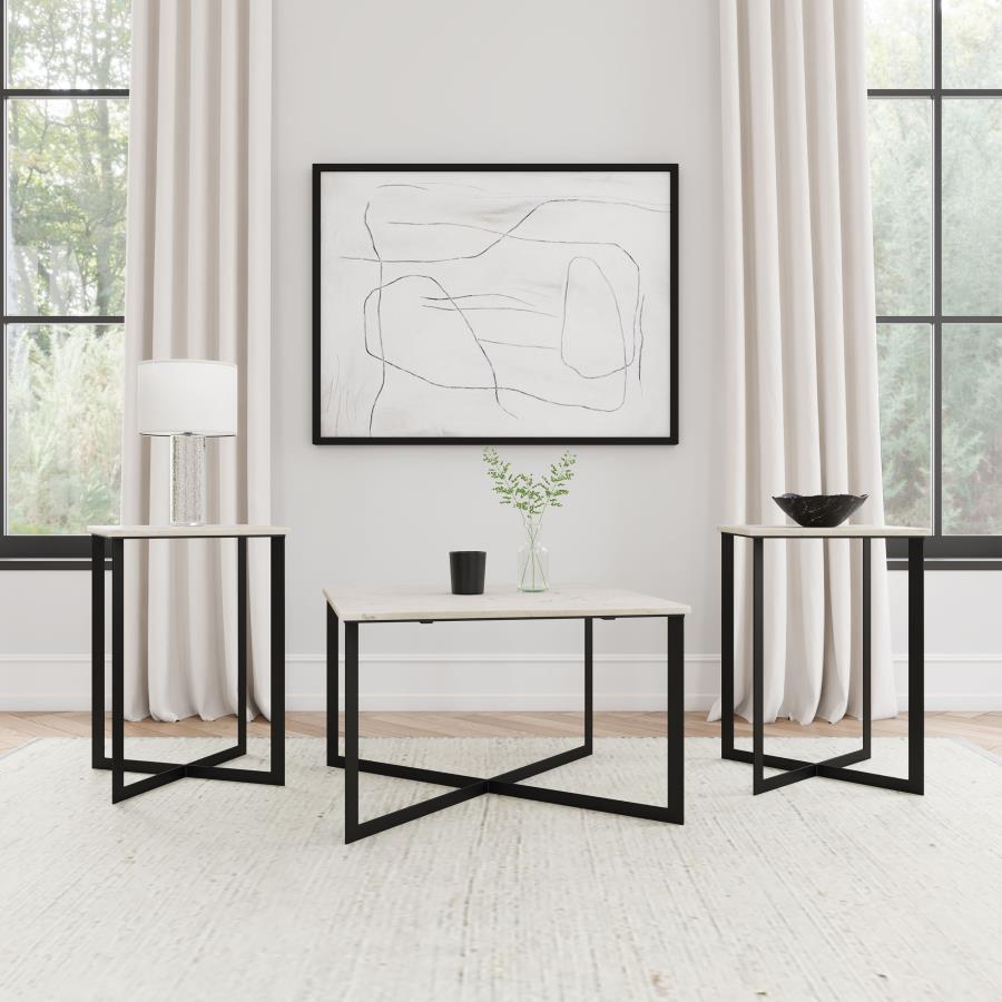 Tobin White and Black 3-Piece Marble Top Coffee and End Table Set by Coaster at Eve Furniture