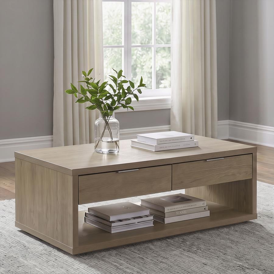 Ingram Latte 2-Drawer Rectangular Coffee Table with Open Shelf by Coaster at Eve Furniture