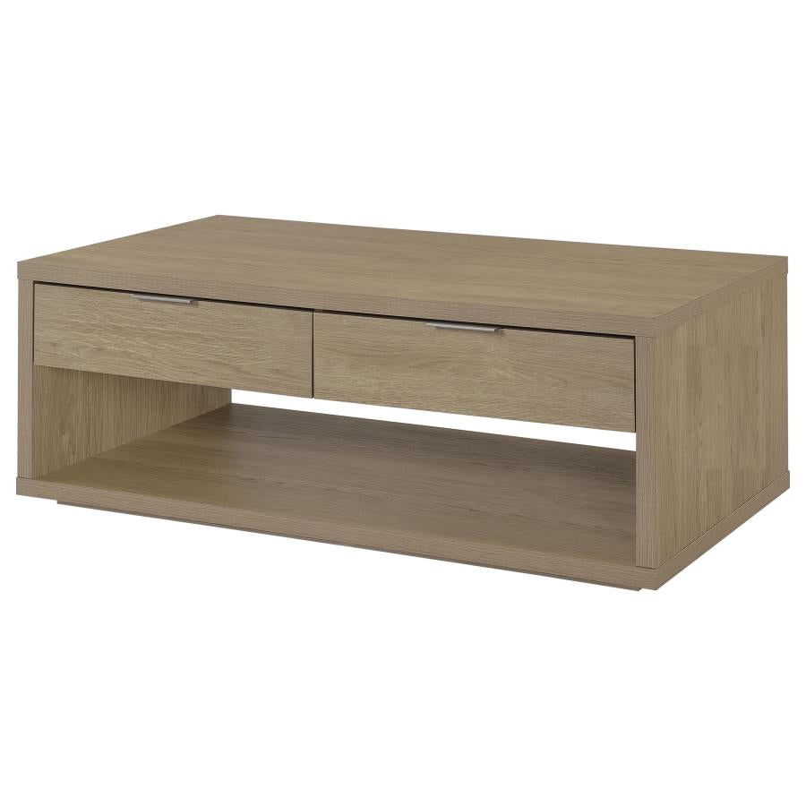Ingram Latte 2-Drawer Rectangular Coffee Table with Open Shelf by Coaster at Eve Furniture