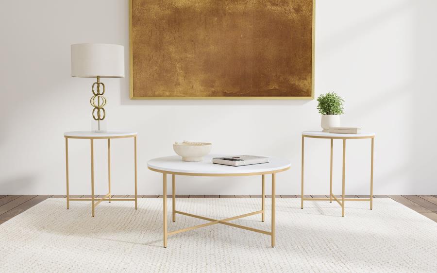 Ellison White and Gold 3-Piece Round Marble Coffee and End Table Set by Coaster at Eve Furniture