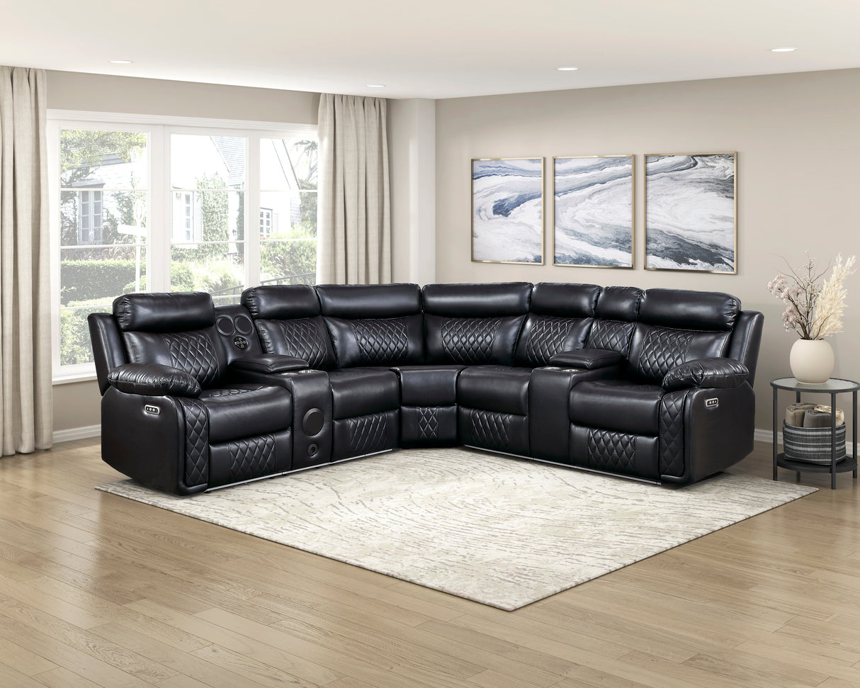 Cipher Black 3-Piece Power Reclining Sectional with Two Consoles, Speakers, Subwoofer, LED Lighting and Charging Port by Homelegance at Eve Furniture