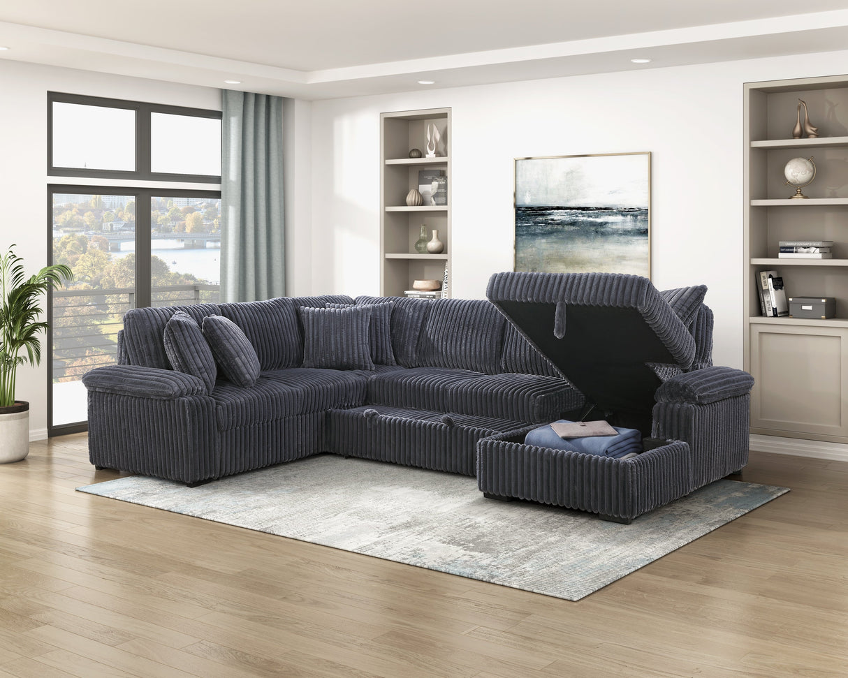 Ridge Dark Gray Corduroy 3-Piece Right Side Chaise Sectional with Pull-out Bed and Hidden Storage by Homelegance at Eve Furniture