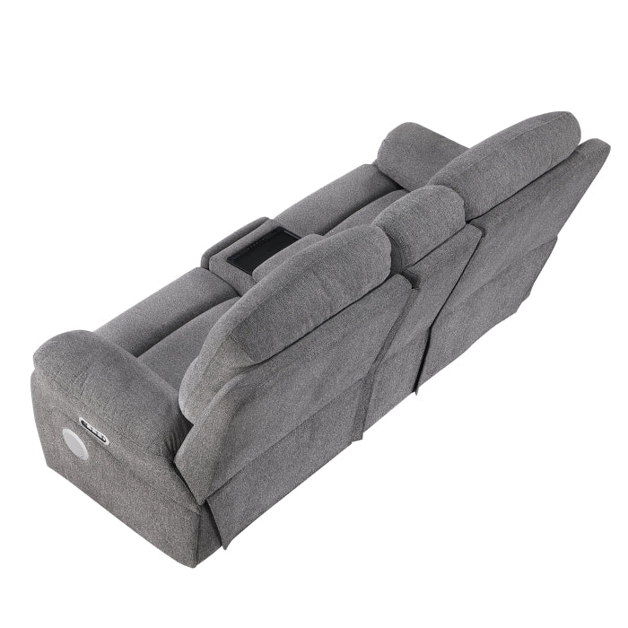 Centric Grey Power Double Reclining Love Seat with Center Console, Power Headrests, Power Lumbar Support, Wireless Charger, Hidden Cup Holders, Bluetooth Speakers and Charging Ports by Homelegance at Eve Furniture