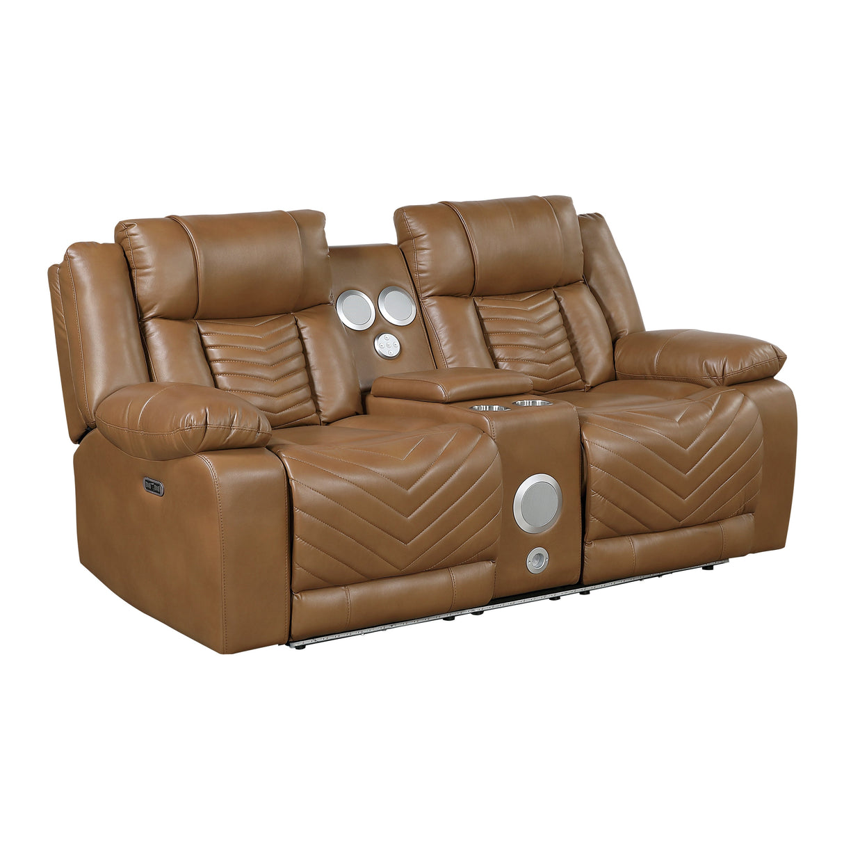 Huron Brown Power Double Reclining Loveseat with Center Console, Wireless Speakers, LED and Charging Ports by Homelegance at Eve Furniture