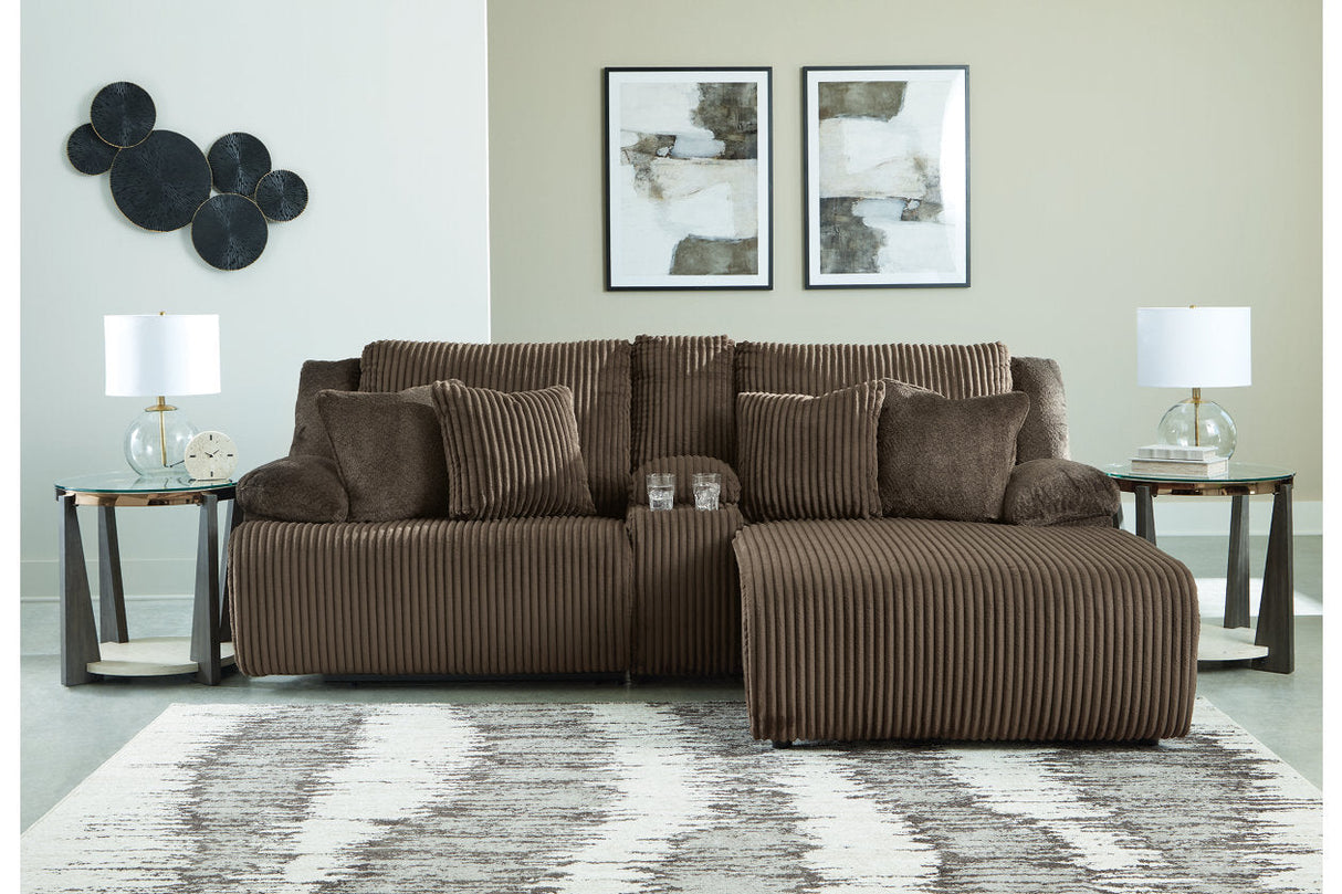 Top Tier Chocolate 3-Piece Reclining Modular Sectional with (RAF) Chaise and Console by Ashley at Eve Furniture