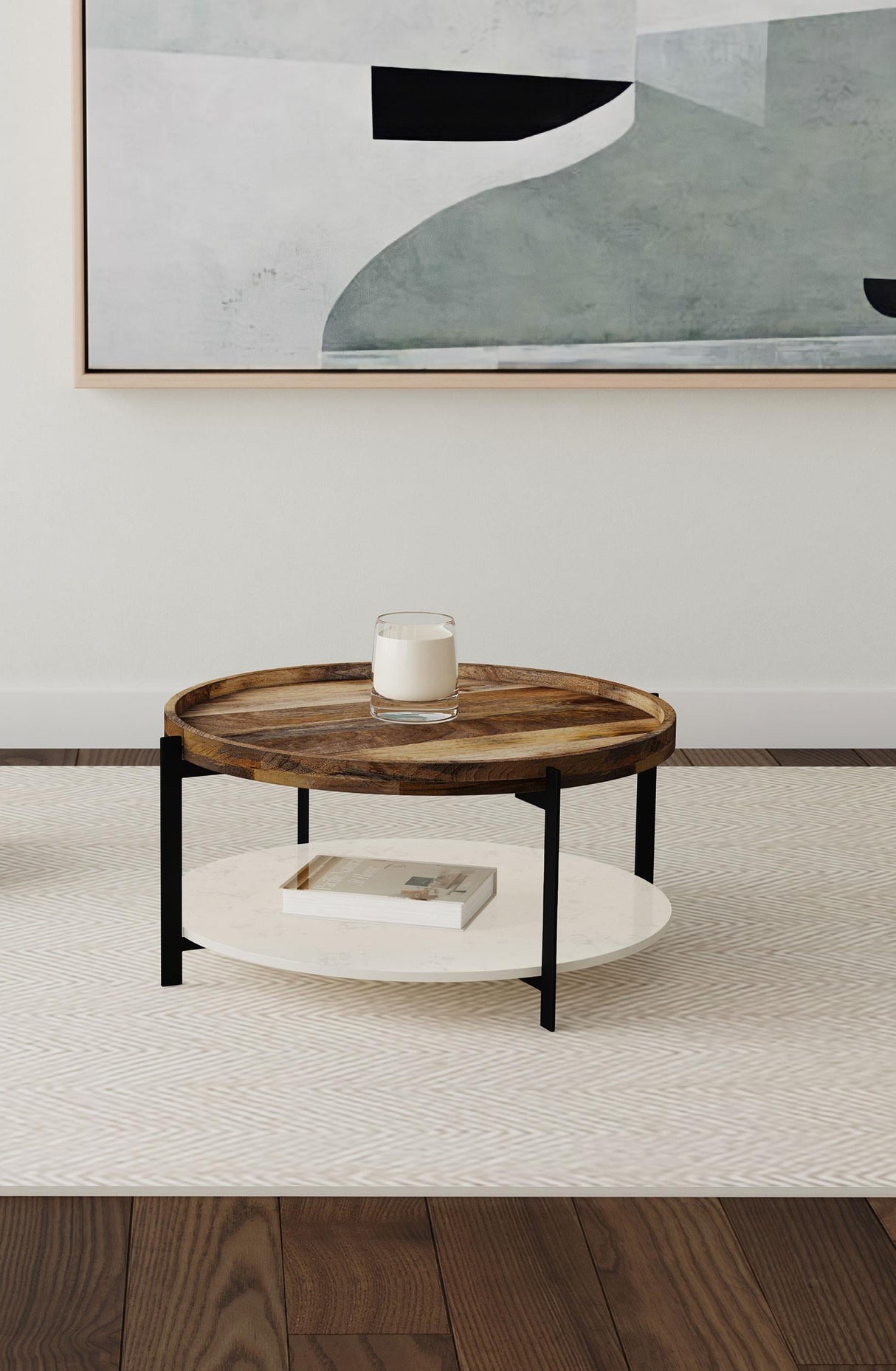 Adhvik Natural Round Wood Top Coffee Table with Marble Shelf by Coaster at Eve Furniture