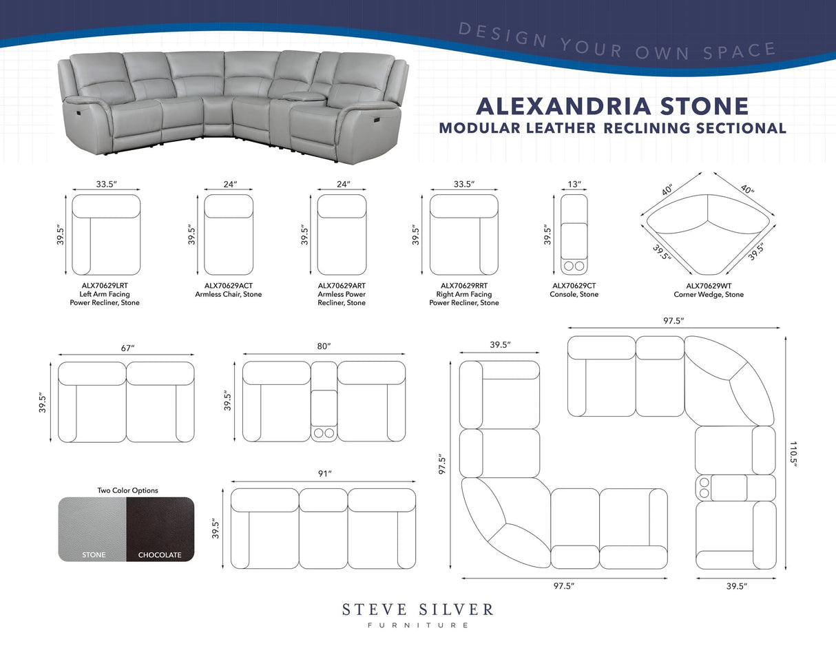 Alexandria Stone Top-Grain Leather 6-Piece Power Reclining Set by Steve Silver at Eve Furniture