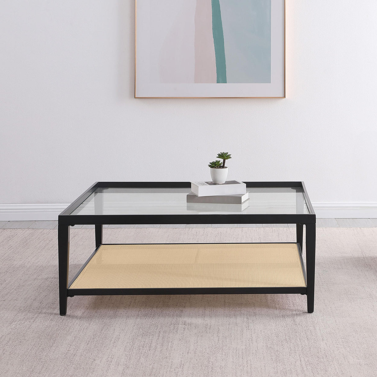 Amherst Black Glass Top Metal Coffee Table with Cane Shelf by Coaster at Eve Furniture
