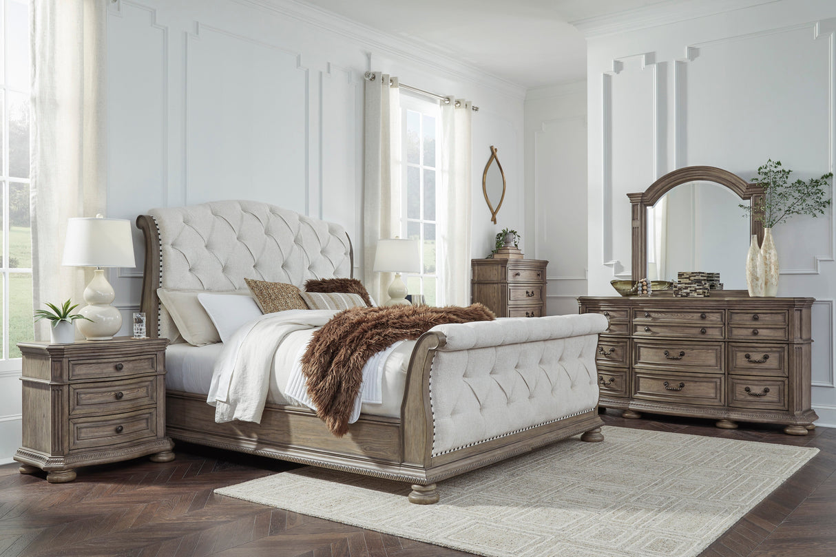 Ardenfield Light Brown Upholstered Sleigh Bedroom Set by Ashley at Eve Furniture