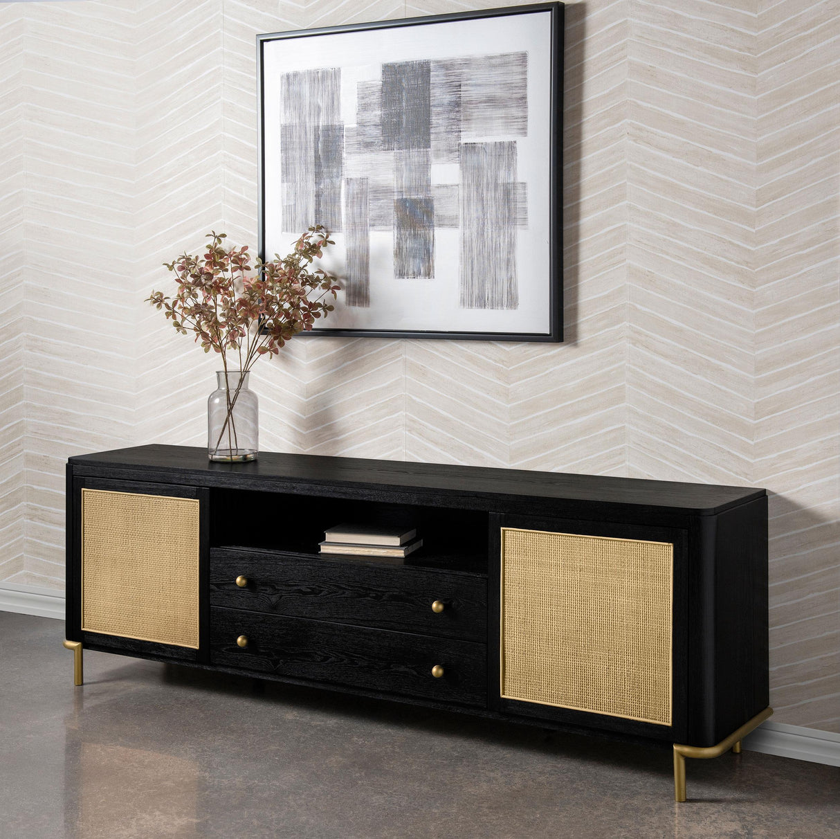 Arini Black Rattan Cane 2-Door TV Stand Media Console by Coaster at Eve Furniture
