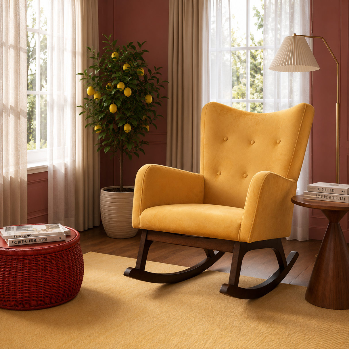 Alistair Yellow Velvet Rocking Chair by Ashcroft Furniture at Eve Furniture