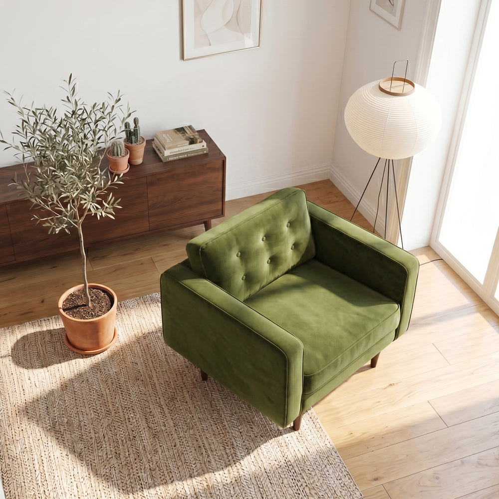 Casey Mid-Century Modern Pillow Back Velvet Upholstered Armchair in Olive Green by Ashcroft Furniture at Eve Furniture