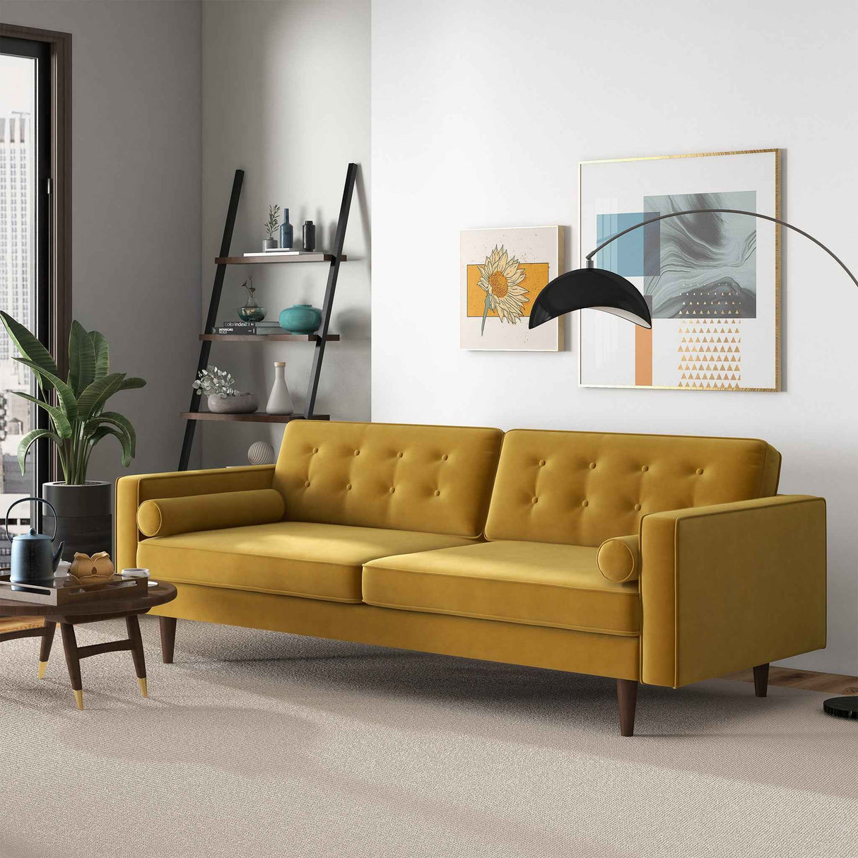 Casey Tufted Back Dark Yellow Velvet Upholstered Sofa