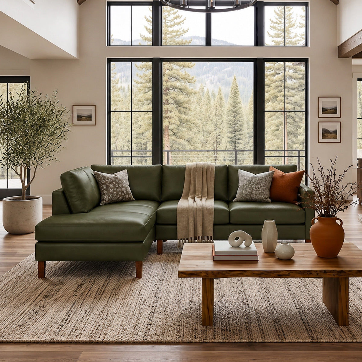 Juno Green Leather Left-Facing Sectional Sofa