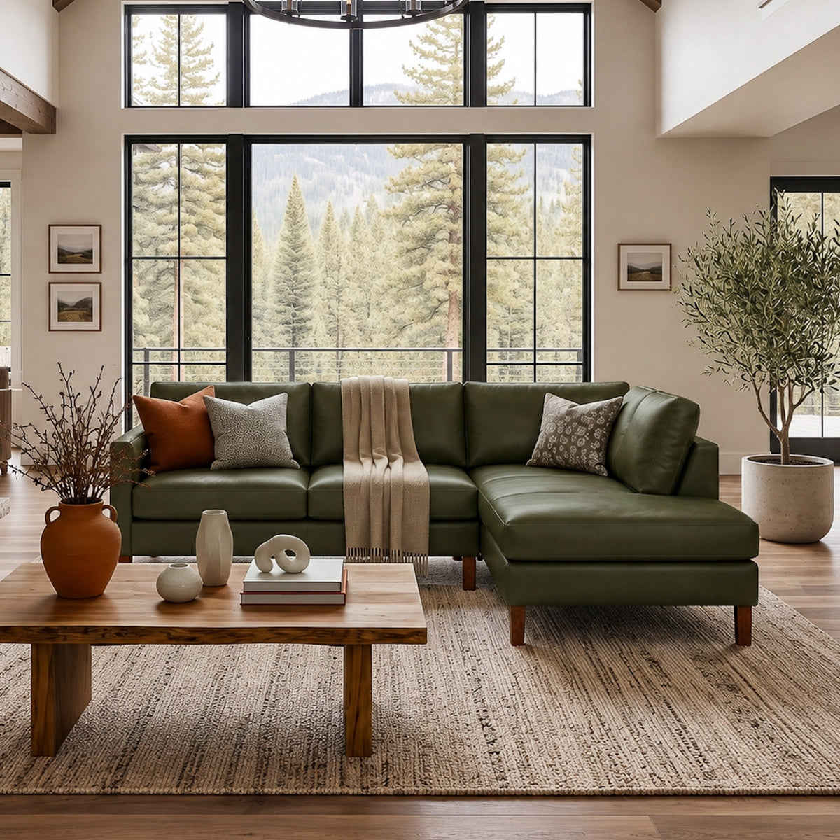 Juno Green Leather Right-Facing Sectional Sofa