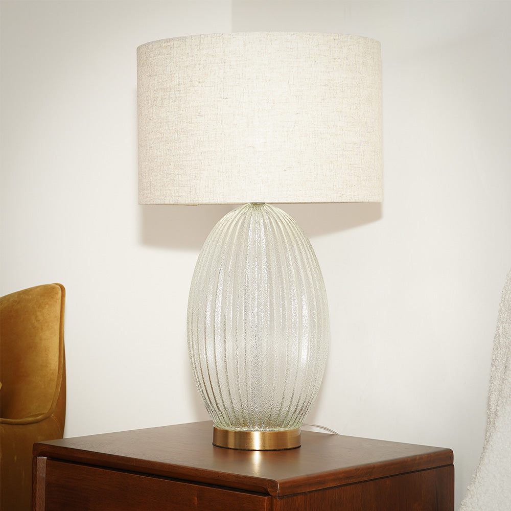 Aurora Ribbed Glass Lamp Base Clear Table Lamp Large Linen Shade by Ashcroft Imports at Eve Furniture