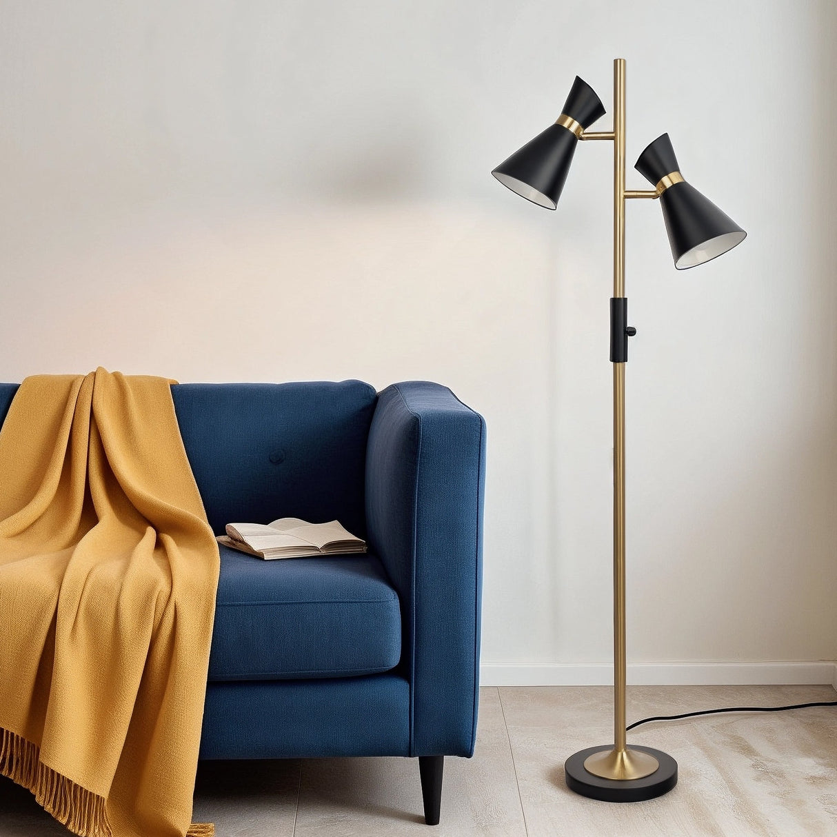 Axis Brassed Gold Floor Lamp with 4-Way Switch Double Spots with Metal Base by Ashcroft Furniture at Eve Furniture