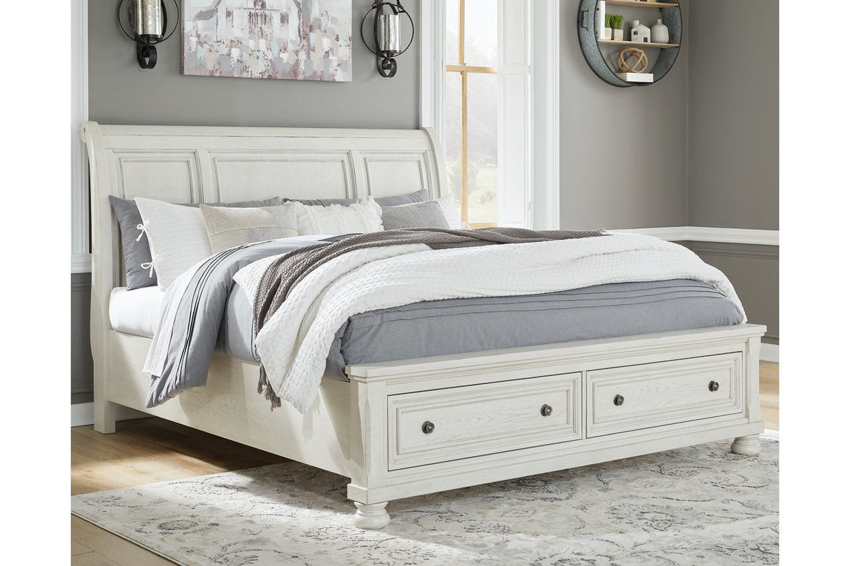 Robbinsdale Antique White California King Sleigh Storage Platform Bed by Ashley at Eve Furniture