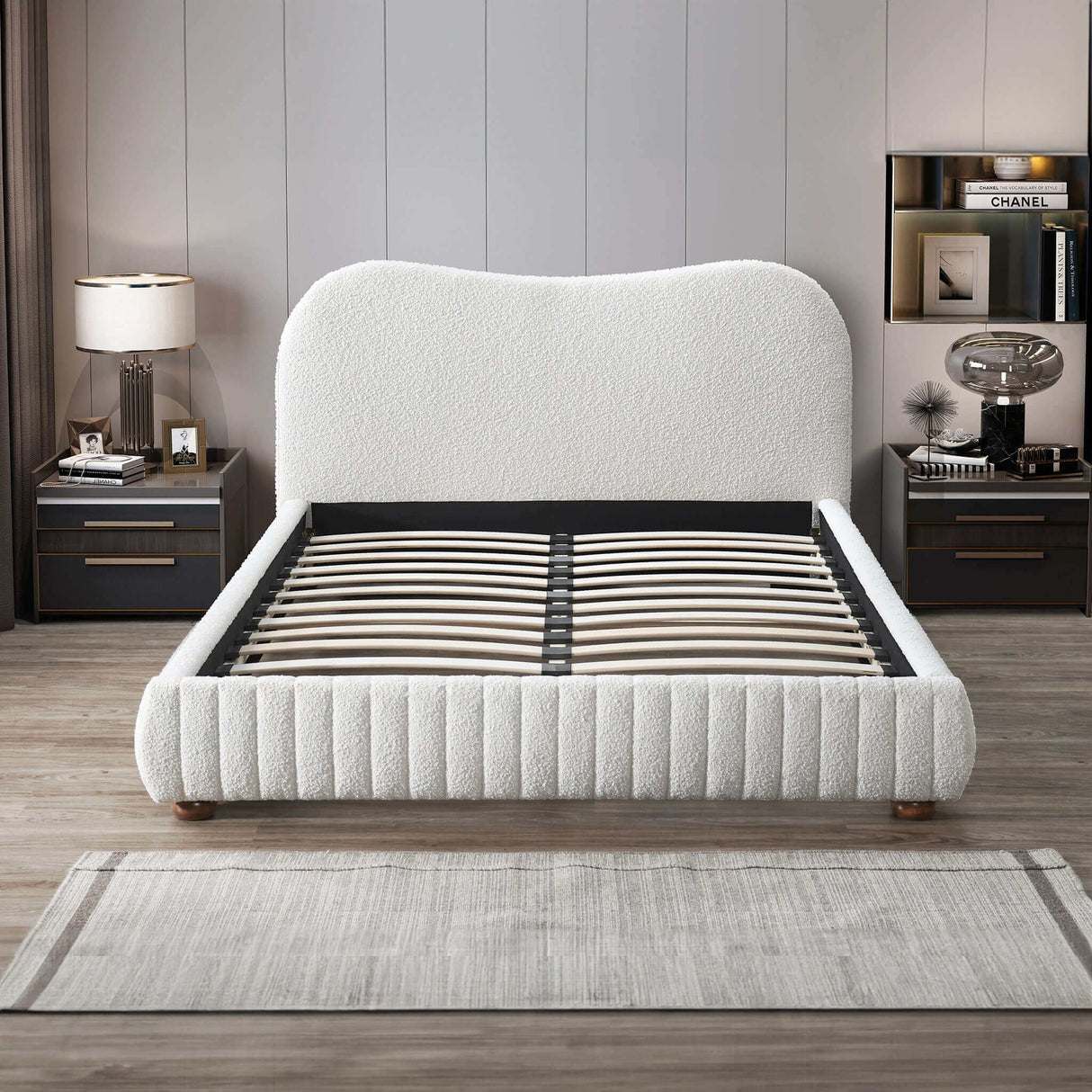 Norme Boucle Upholstered Queen Size Platform Bed In Cream by Ashcroft Imports at Eve Furniture