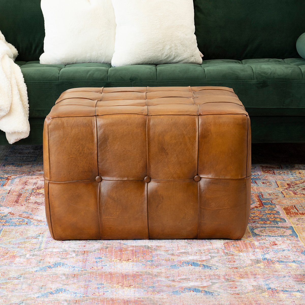 Benjiro Square Tan Leather Ottoman by Ashcroft Imports at Eve Furniture