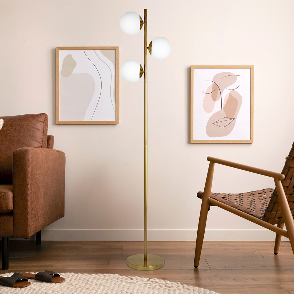 Brilliance Modern Gold Brush Floor Lamp, Opal Glass Shades and Round Metal Base by Ashcroft Furniture at Eve Furniture