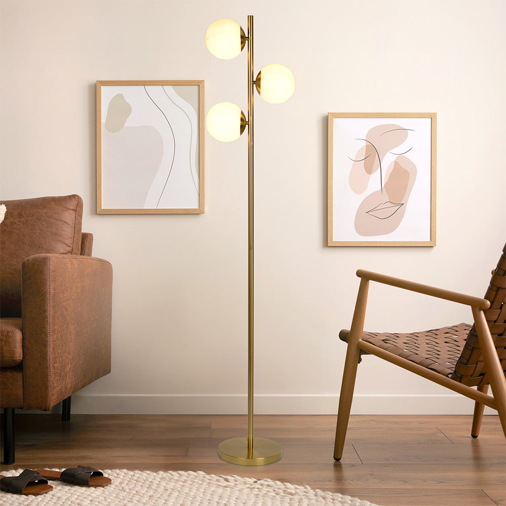 Brilliance Modern Gold Brush Floor Lamp, Opal Glass Shades and Round Metal Base by Ashcroft Furniture at Eve Furniture